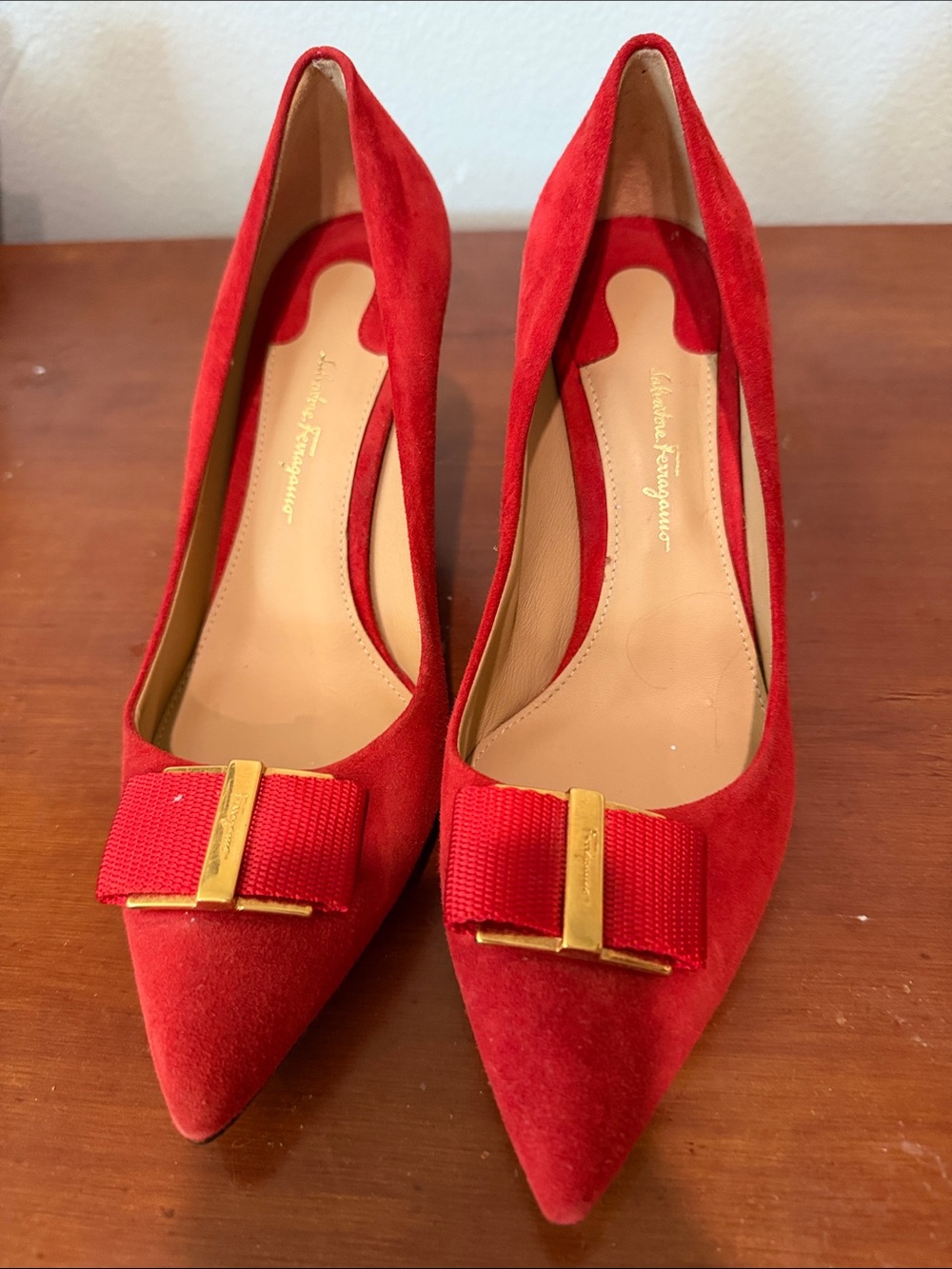 Salvatore Ferragamo Red Suede Pointed Bow Pumps with Gold Plaque